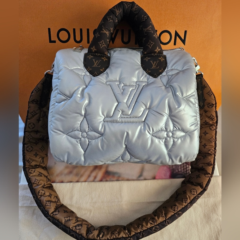 LOUIS VUITTON Speedy 25 Pillow Silver Handbag ECONYL Nylon, Excellent Condition